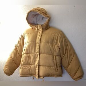 EUC Arizona Quilted Puffer Jacket with Hood Fleece Lining Yellow Size L